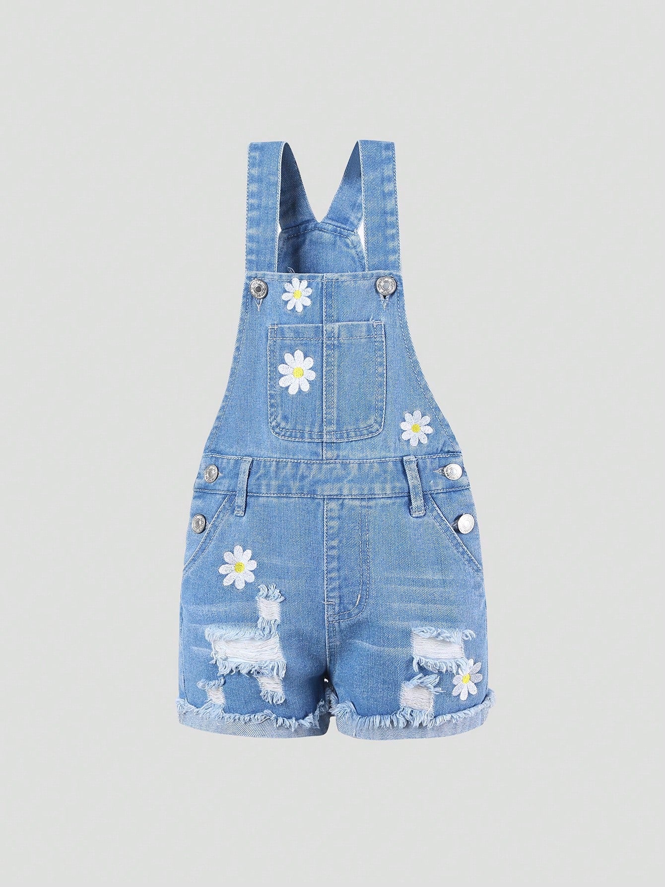 Streecool Kids Young Girl Sweet And Cute Flower Embroidery Ripped Denim Overall Shorts