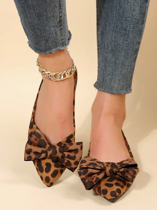 Spring Summer Autumn Fashionable Leopard Print Sweet Bowknot Pointed Toe Women's Flat Shoes