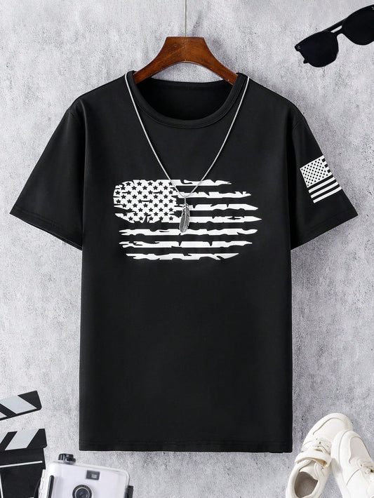 Teen Boys' American Flag Printed Round Neck Short Sleeve T-Shirt