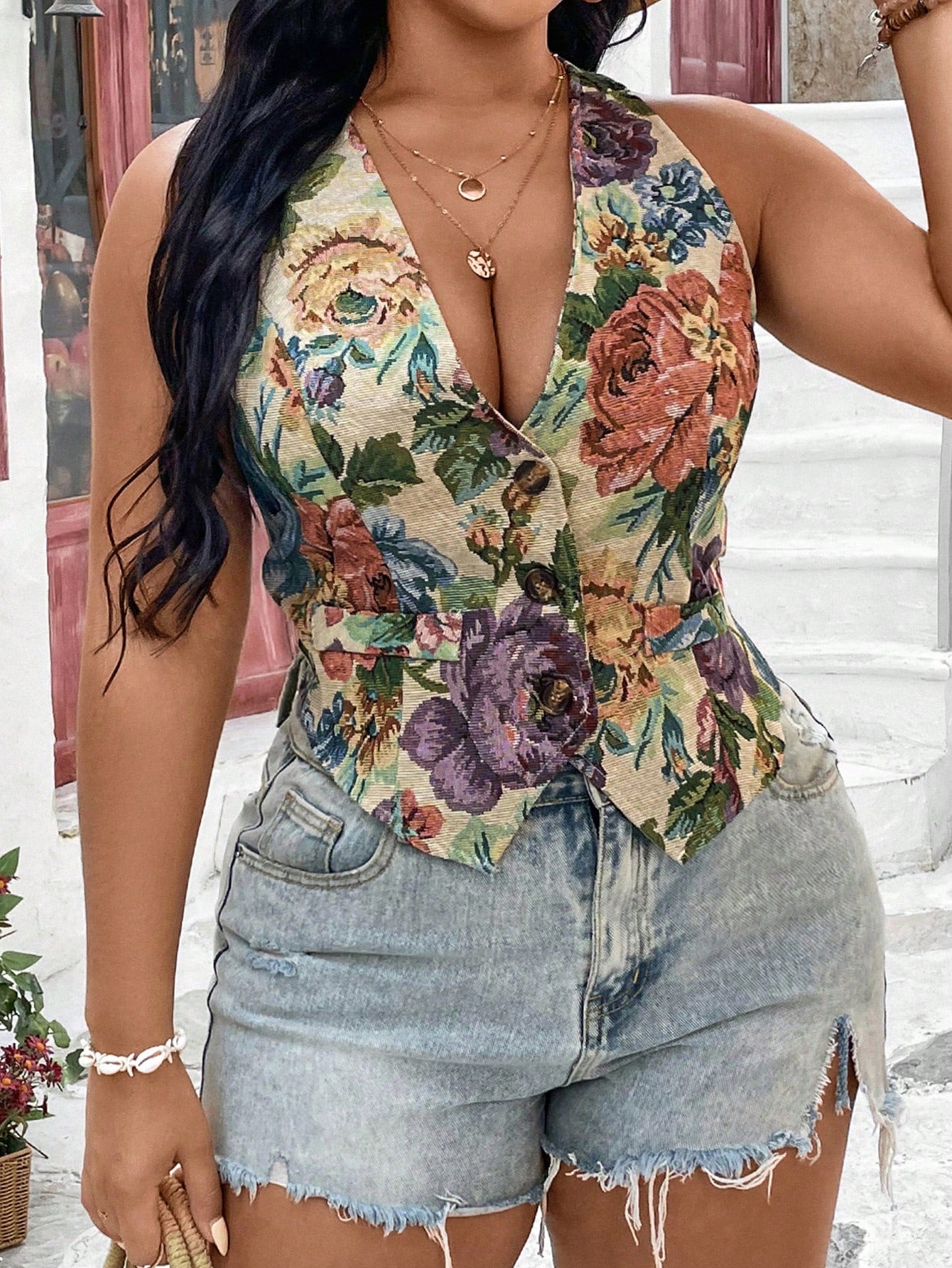 Frenchy Plus Size Women's Floral Jacquard Suit Vest Jacket