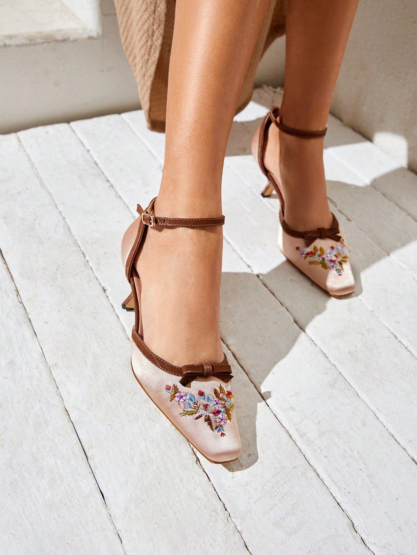 CHICEST Women's High-Heeled Square Toe Retro Embroidered Fashionable Bow Hollow Ankle Strap Shoes Vacation Shoes Summer Sale