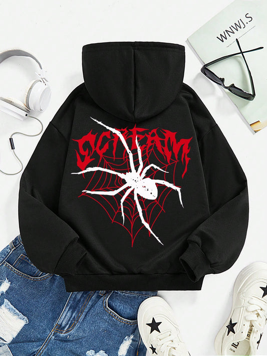 Tween Girls' Casual Simple Spider Pattern Long Sleeve Hoodie, Suitable For Autumn And Winter