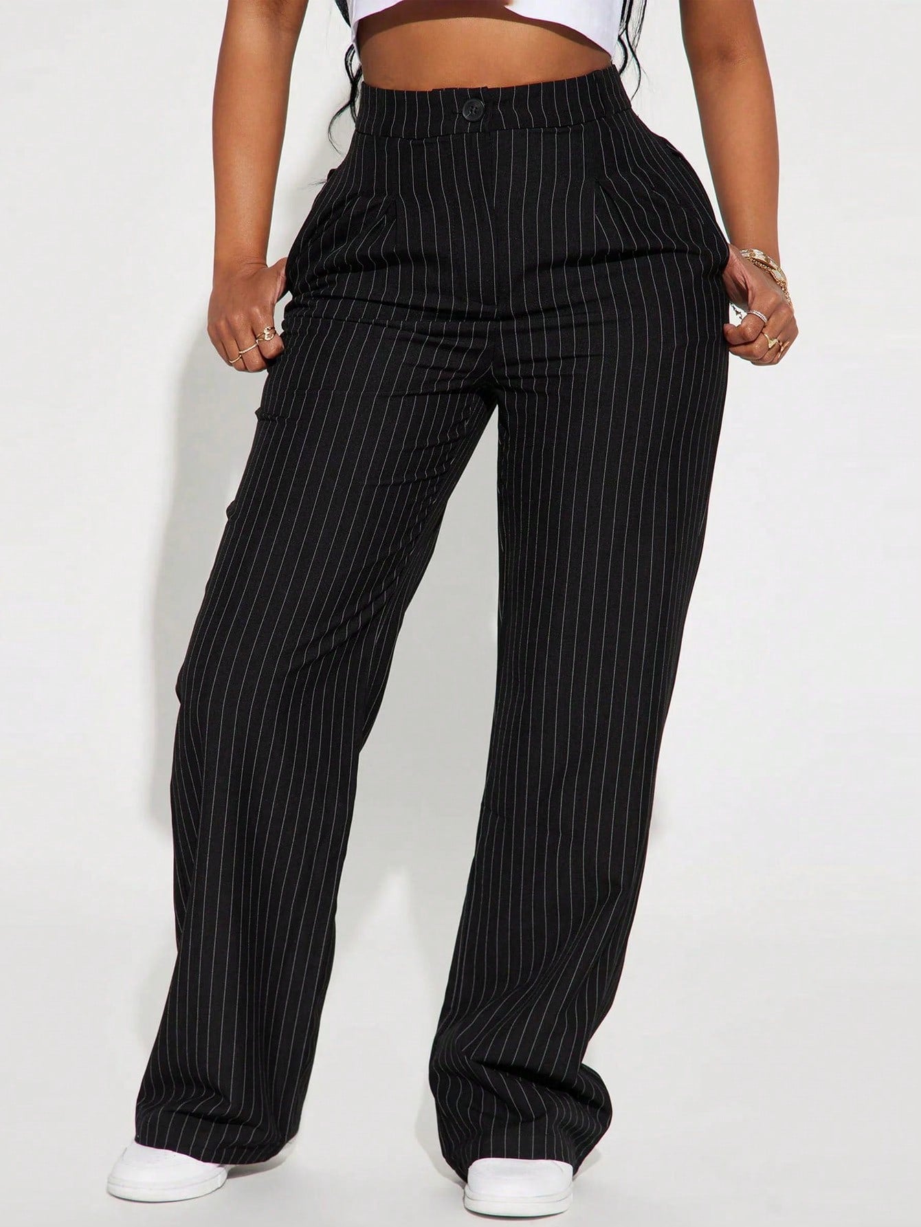 Plus Size Casual Striped Tapered Suit Pants