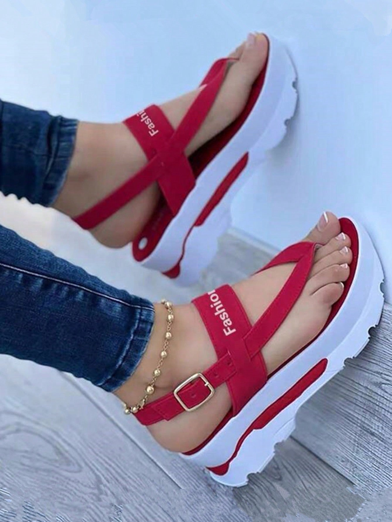 Women's Cross-Border Size 43 Platform Sandals With Toe And Foot Rings, Buckle Strap, Anti-Slip Wedge Heel And Thick Bottom