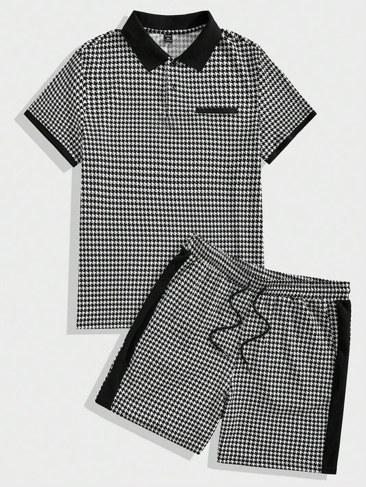 2pcs/Set Plus Size Knitted Casual Houndstooth Polo Shirt And Shorts