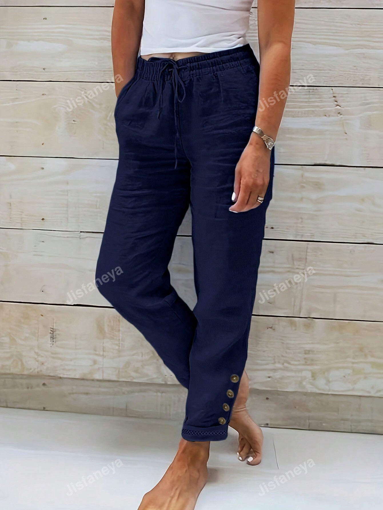 Solid Color Button & Drawstring Detail Waist Pants