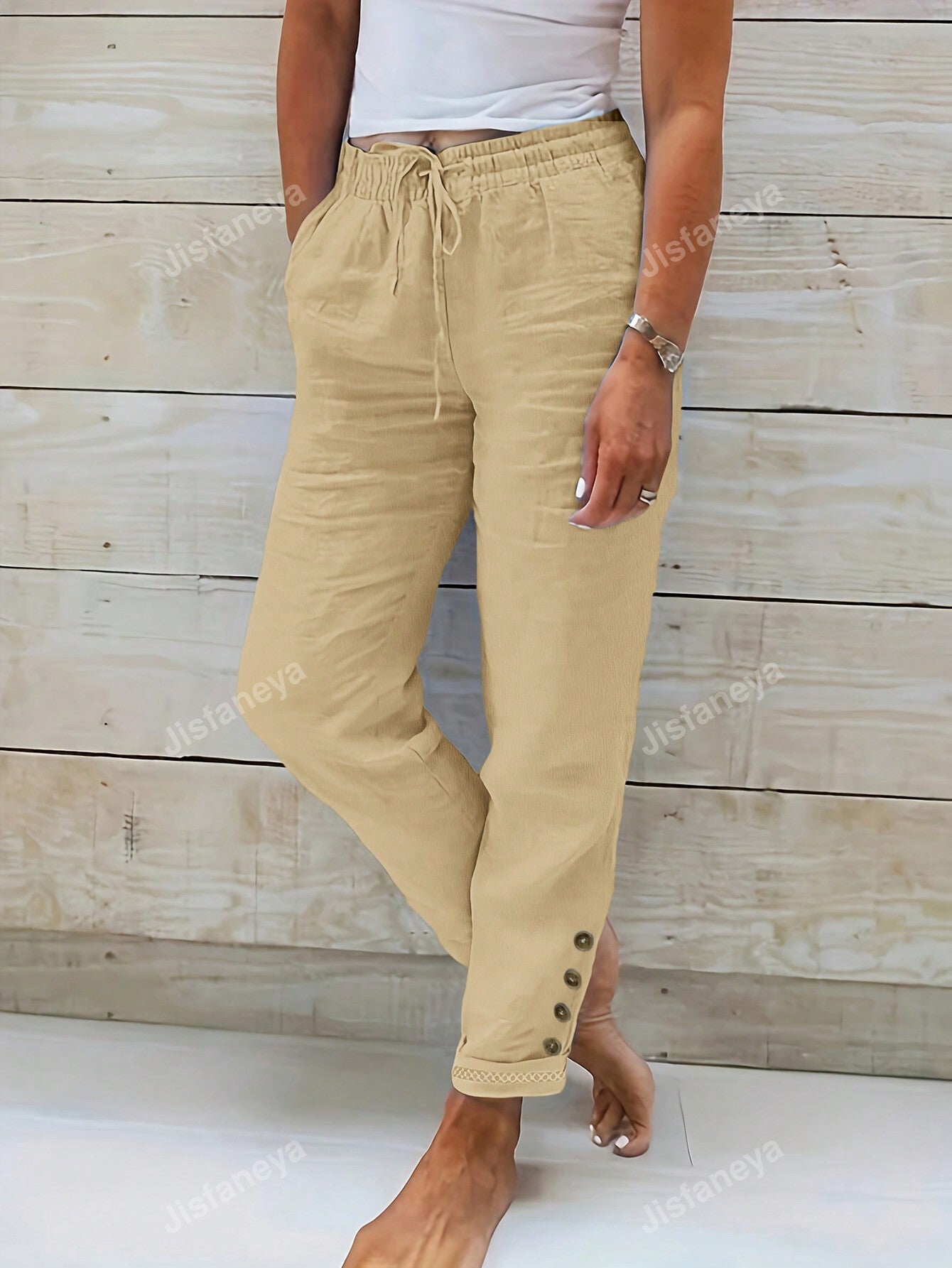 Solid Color Button & Drawstring Detail Waist Pants