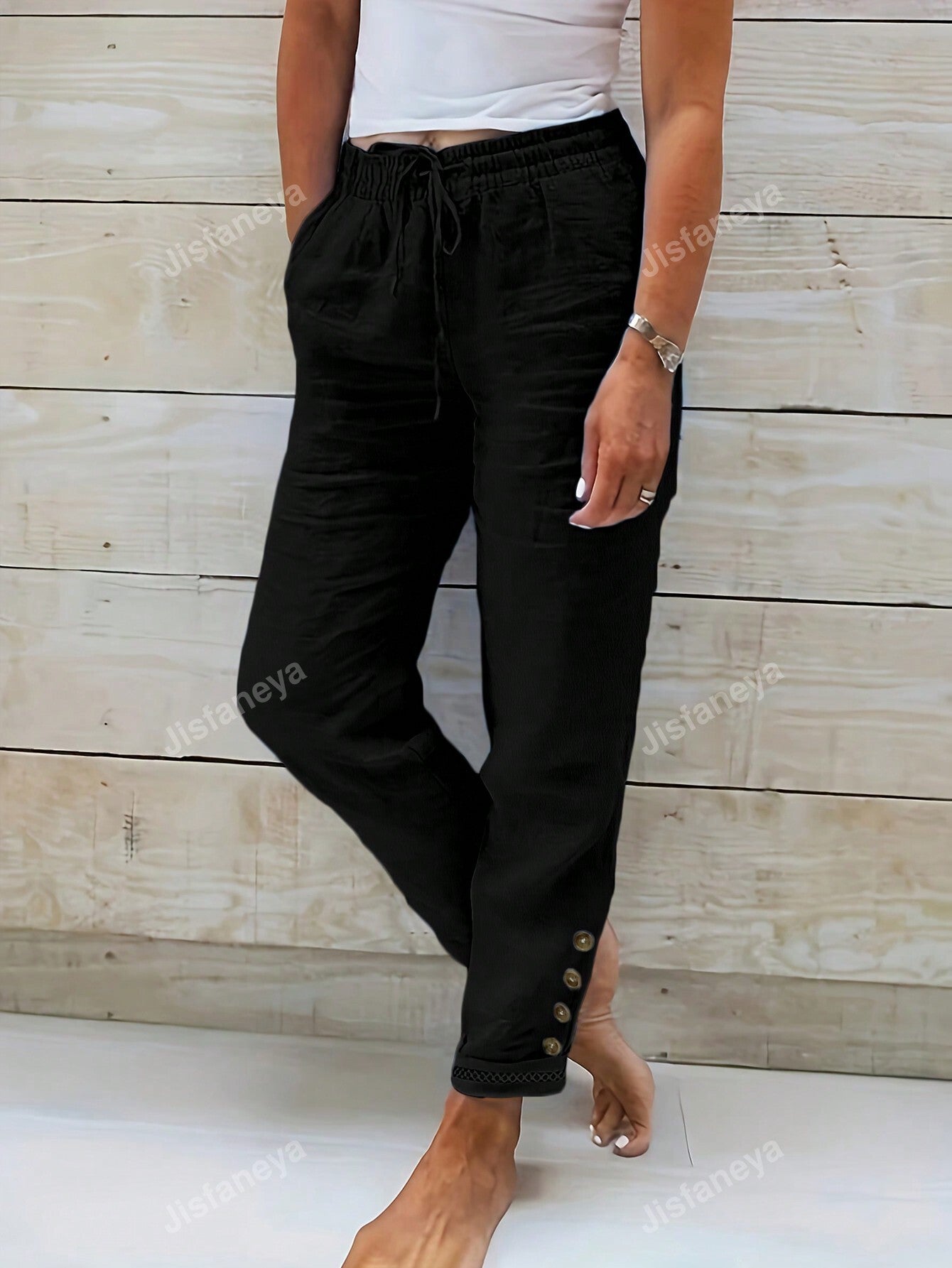 Solid Color Button & Drawstring Detail Waist Pants