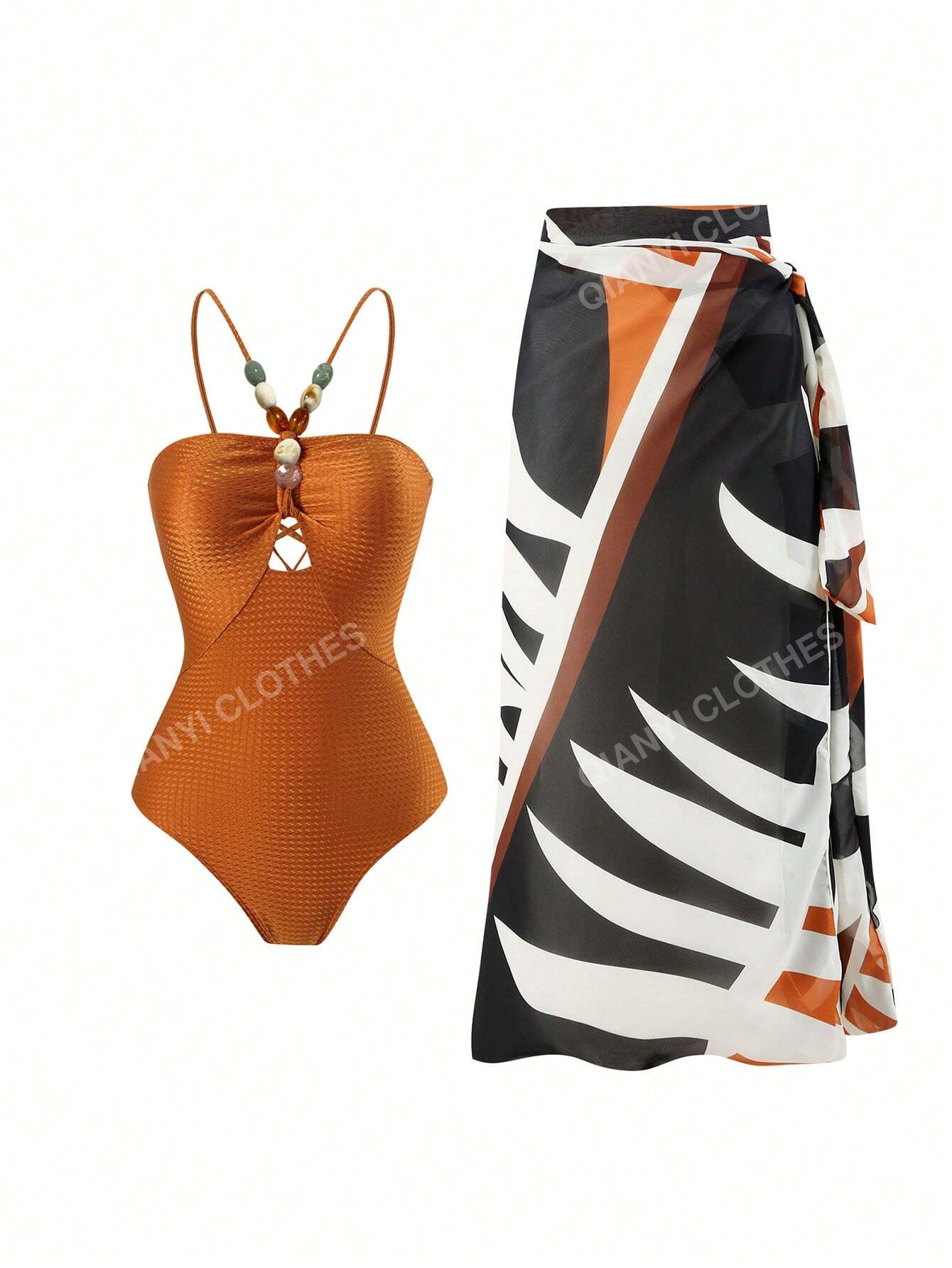 2023 New Style Women's Vintage Spa Bathing Suit And Chiffon Cover-Up Skirt 2pcs Set, One Size