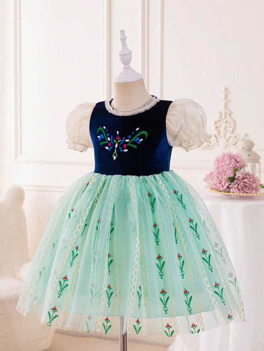 Floral Printed Young Girls' Princess Dress, Ideal For Birthday Party, Wedding, Stage Performance And Festival, Gorgeous