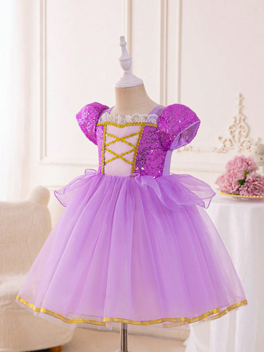 Young Girl Sparkly Patchwork Tulle Party Dress With Puffy Skirt, Suitable For Formal Occasion