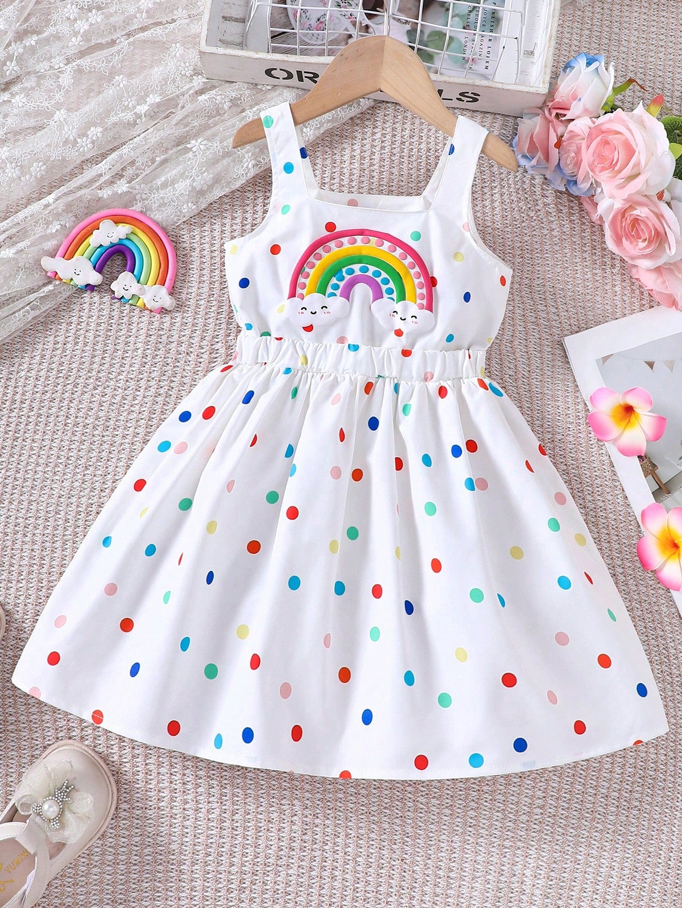 Young Girls' Cute Polka Dot & Rainbow Printed Casual Dress