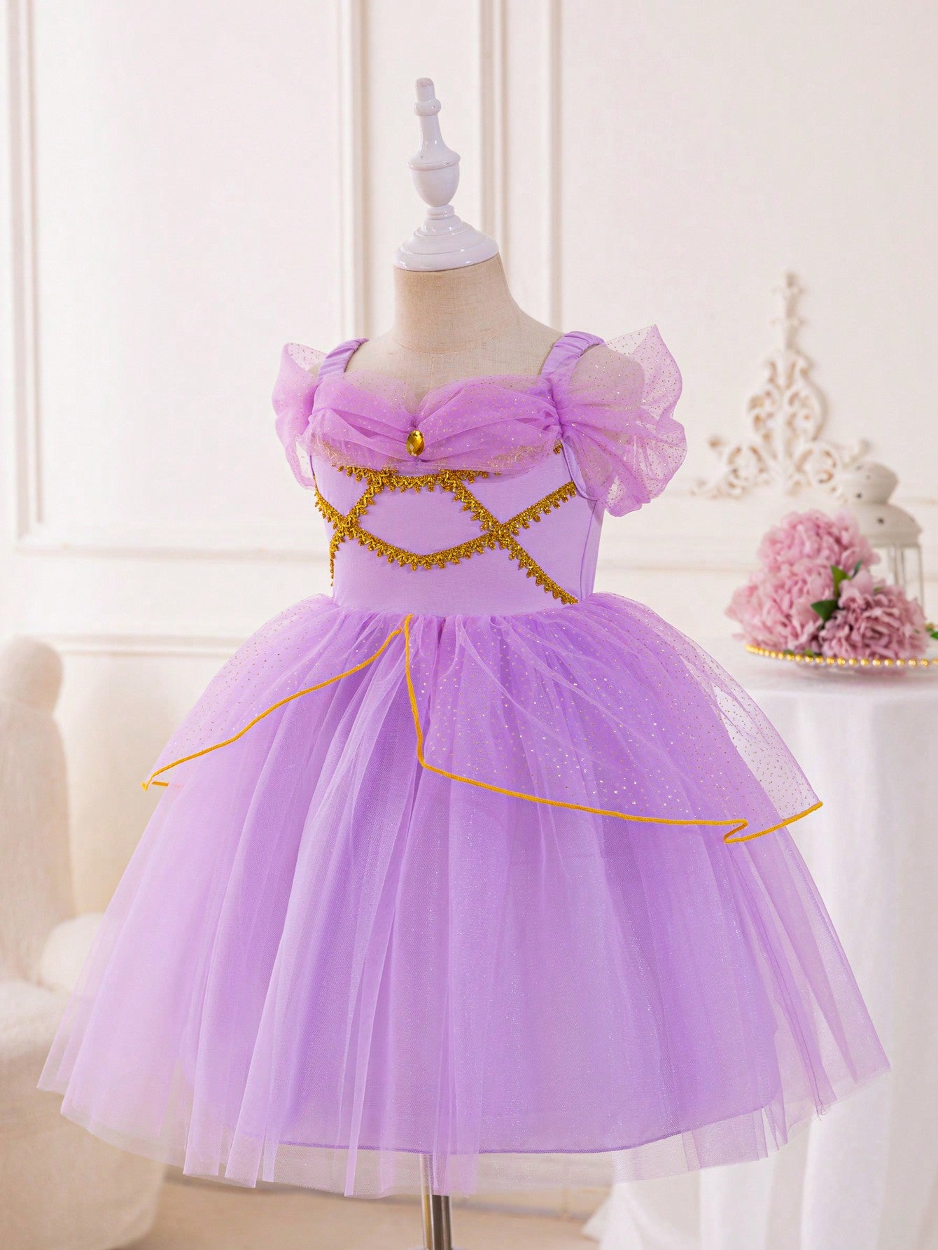 Young Girl's Mesh & Ribbon Patchwork Off-Shoulder Cami Princess Party Dress