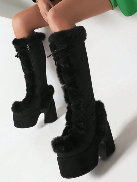 Cute Womens Snow Boots Lace Up Zip Block Knee High Chunky High Heel Punk Goth Warm Fur Winter Platform Boots