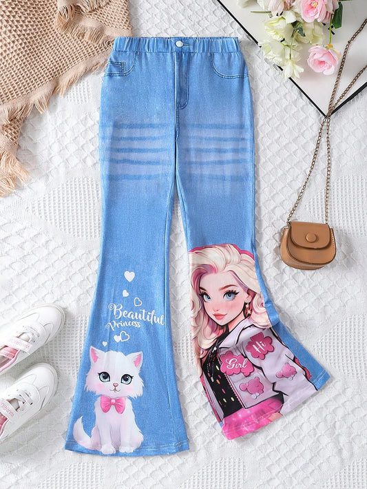 Tween Girl Bell-Bottomed Cat Printed Pants, Elastic Waist Stretchy Long Trousers, Cool Girl Style