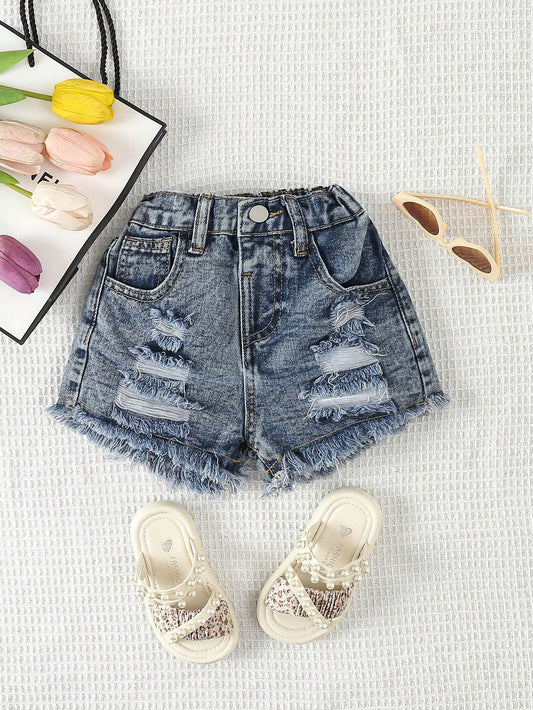 Young Girl's Distressed Frayed Hem Denim Shorts