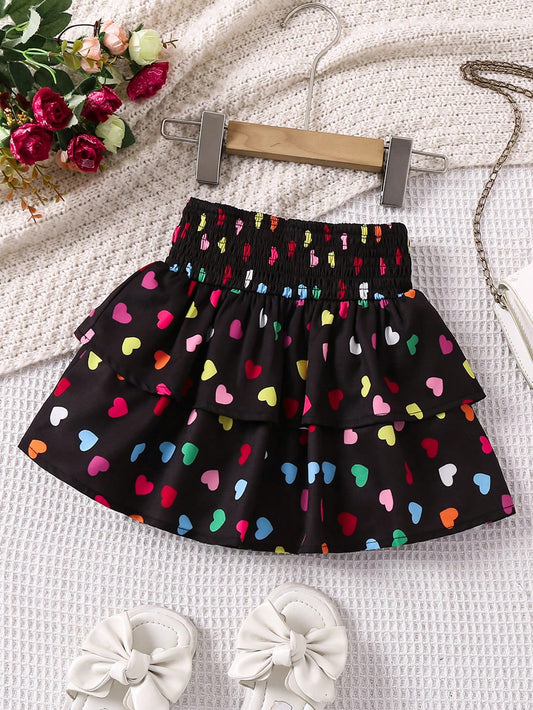 Young Girl Casual Heart Printed Skirt With Shirred Elastic Waistband