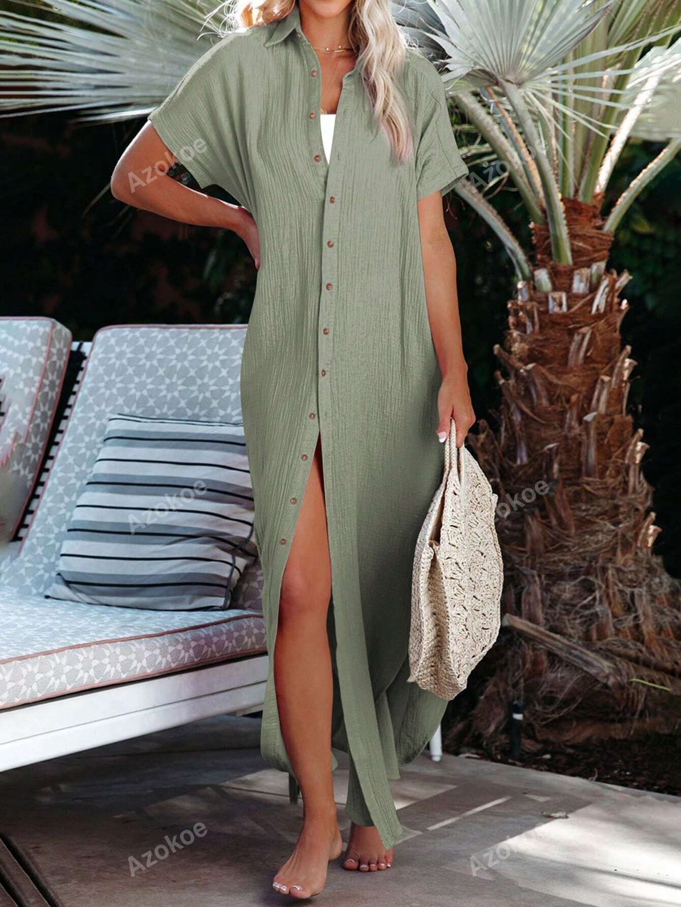 Casual Ruched Button Slit Side Split Button Hem Long Kimono Swimsuit Plus Size Beach Dresses