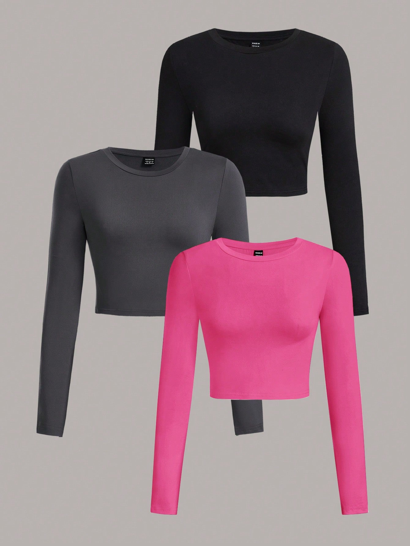 3pcs/Set Women's Casual Simple Crew Neck Long Sleeve Cropped Fitted T-Shirts, Suitable For Spring & Autumn