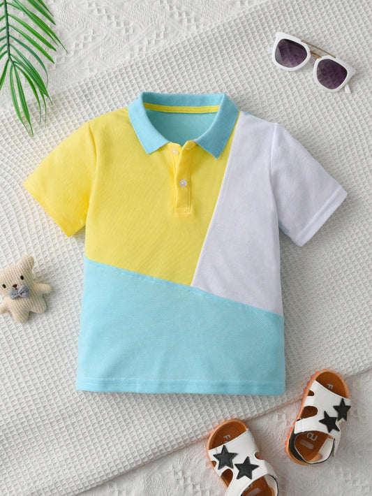 Young Boy Color Block Short Sleeve Polo Shirt Casual Top Performance Costume Preppy Style Sports Shirt