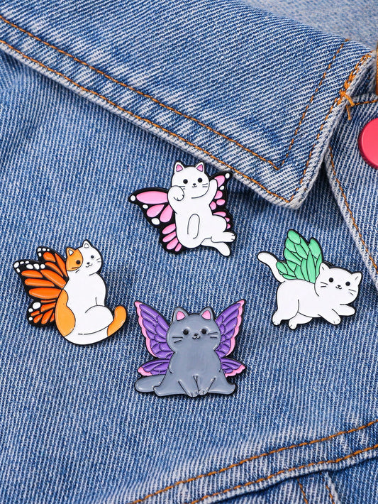 4pcs/Set Cartoon Butterfly Wing & Cat Enameled Brooch Pin, Perfect Clothing Accessory As Well As Gift For Girls And Friends