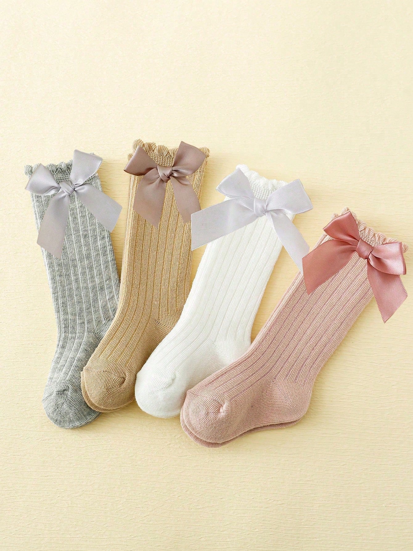 4pairs Children's Solid Color Bowknot Bubble Tube Socks Suitable For Daily Wear