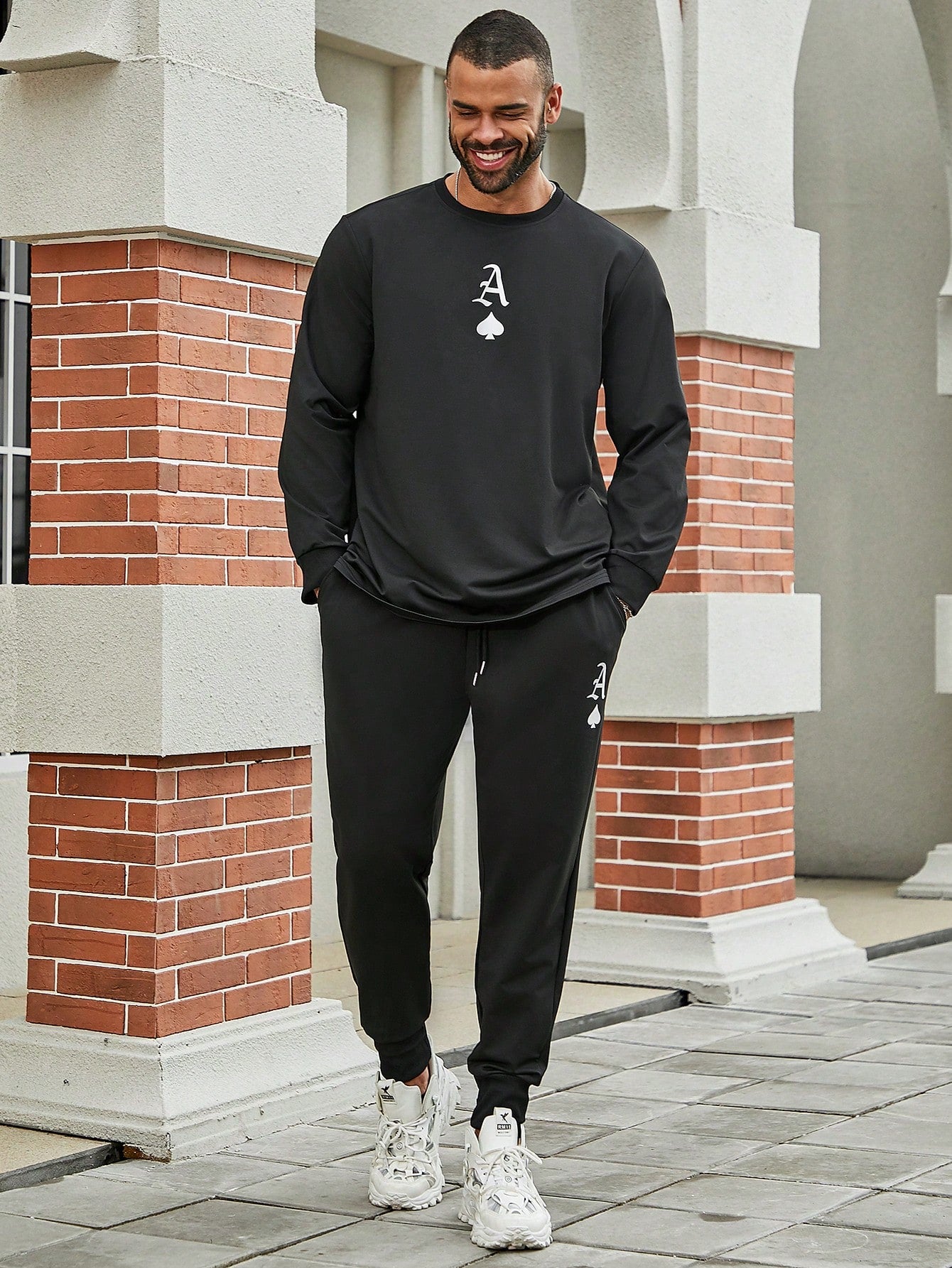 2pcs/Set Plus Size Men's Poker Print Round Neck Sweatshirt And Sweatpants