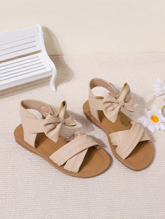 Girls' Cute Beige Bow Knot Flat Sandals For Daily Casual, Holidays, Beach