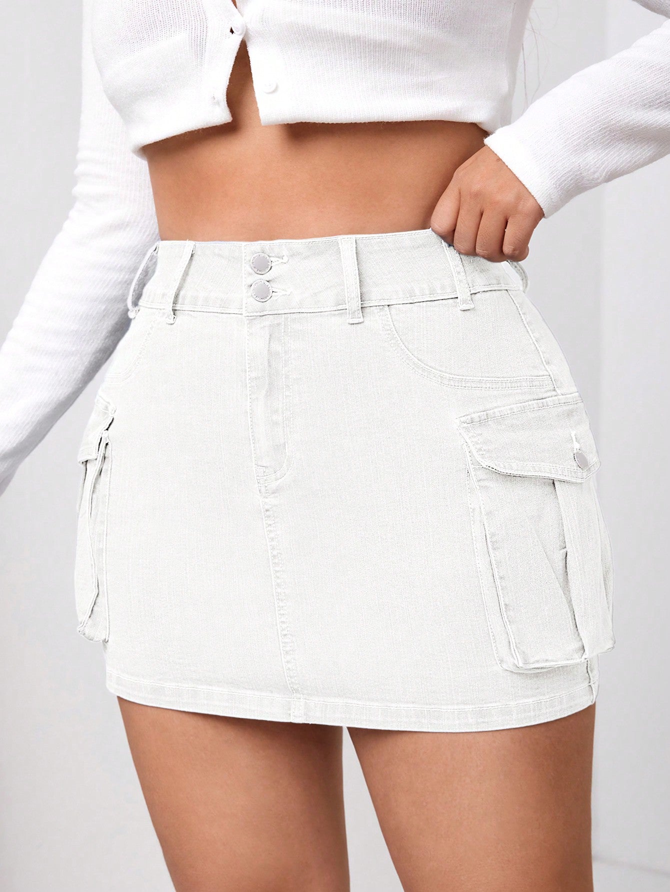 Plus Flap Pocket High Waist Denim Skirt