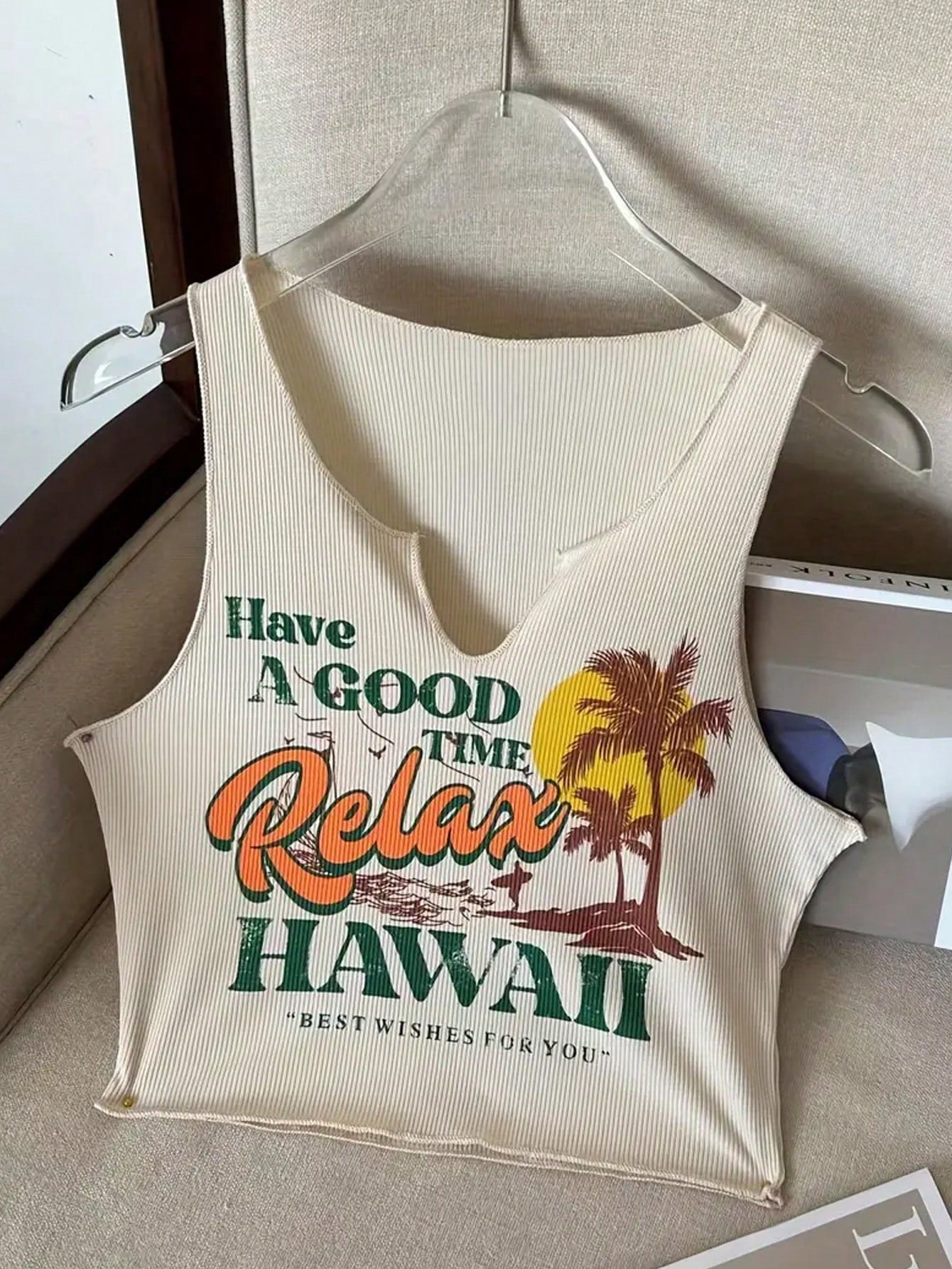 Plus Size Coconut Tree & Slogan Printed Tank Top For Summer