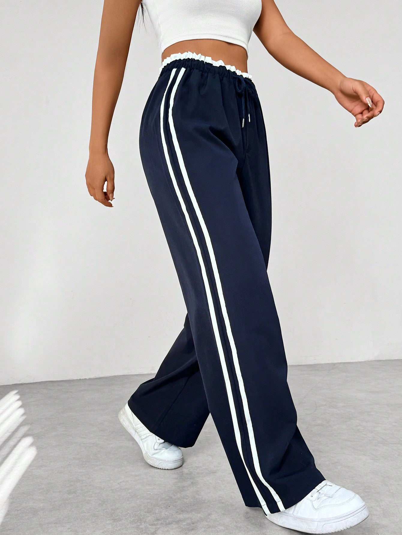 Colorblock Striped Paper Bag Waist Straight Leg Casual Pants