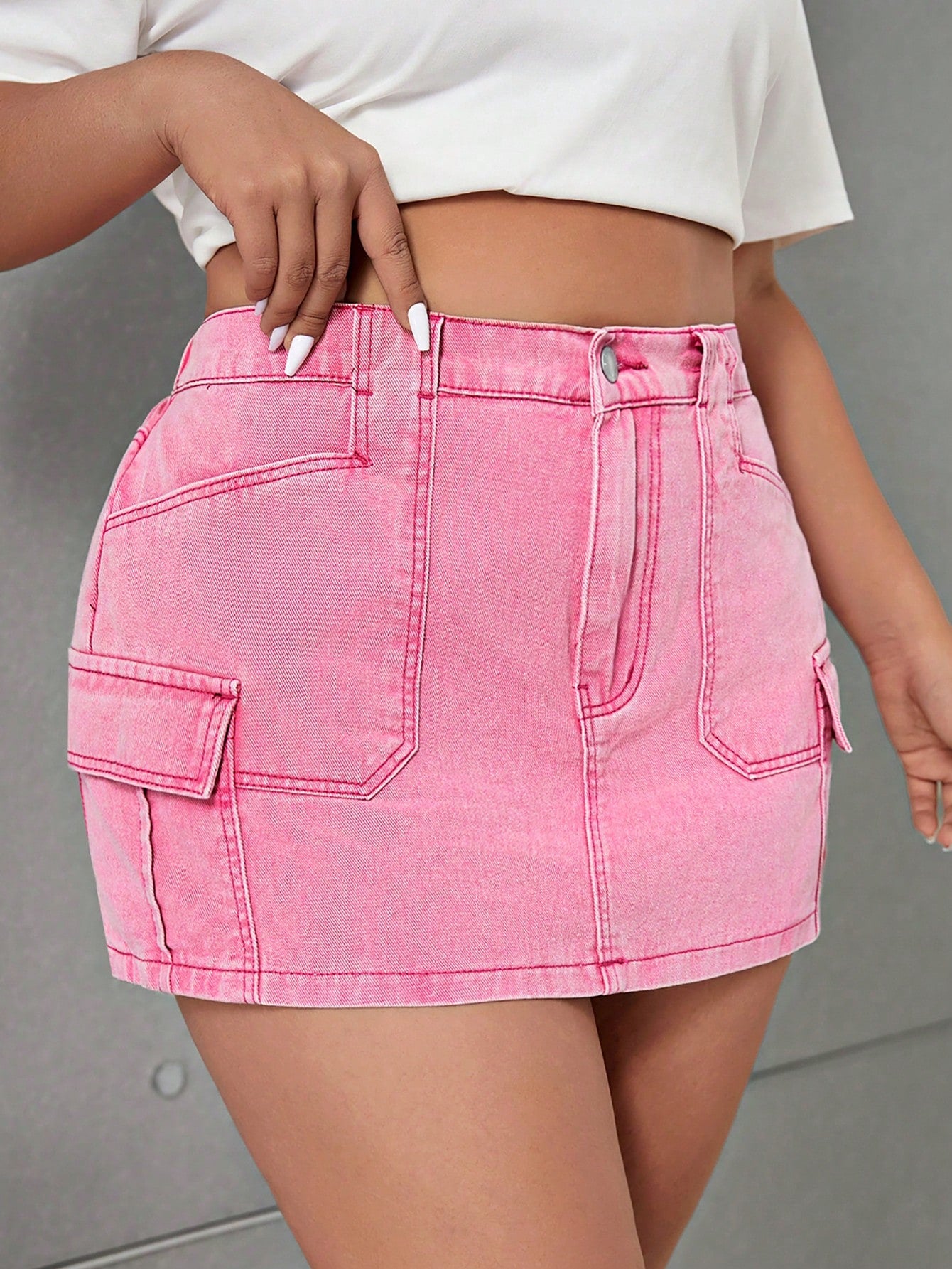 Y2k Valentine's Day High Waist Plus Size Denim Skirt With Cargo Pockets For Women