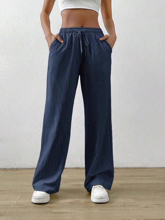 Cotton Loose Straight Drawstring Waist Slant Pocket Pants