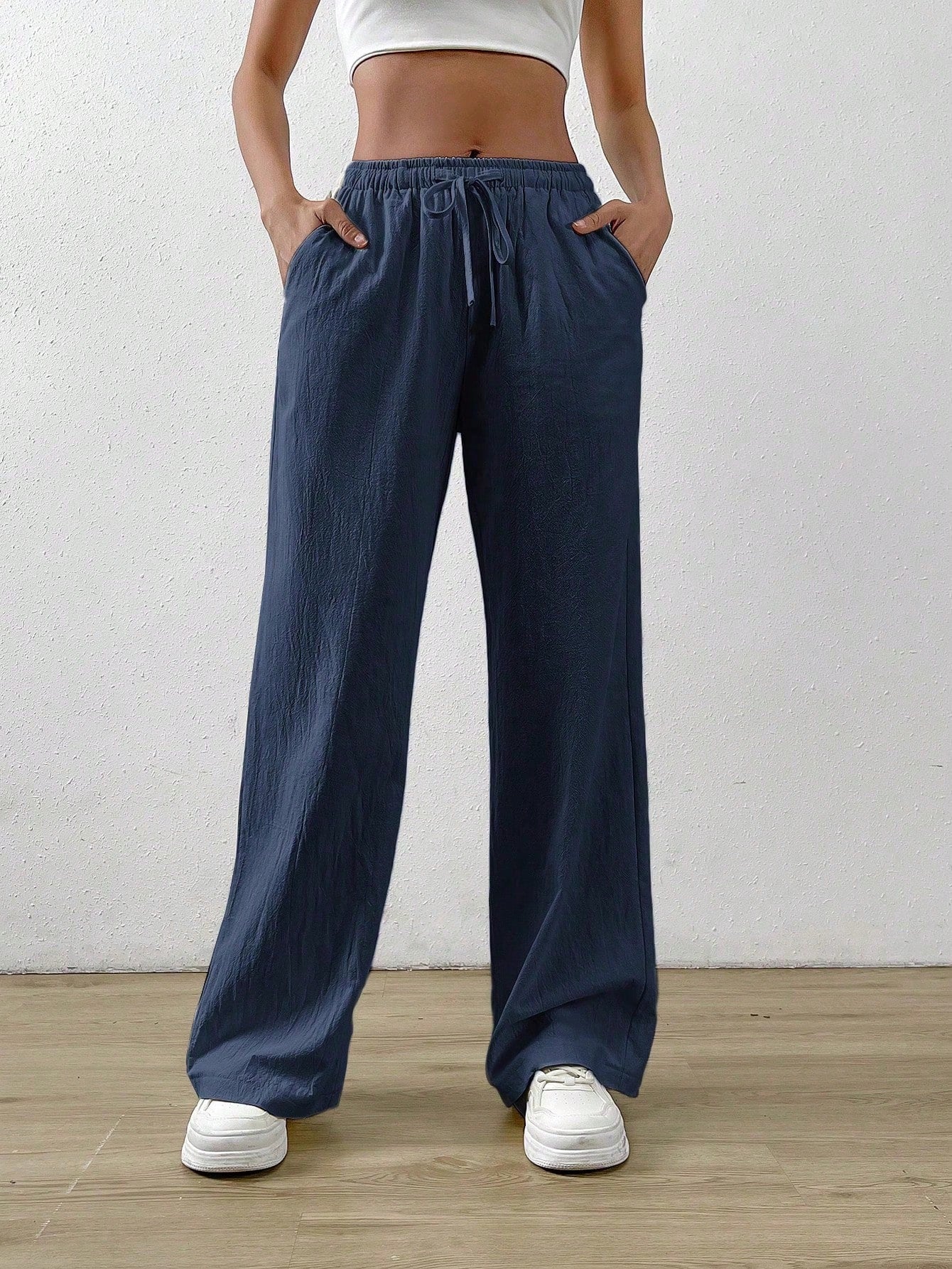 Striped Print Drawstring Waist Casual Straight Pants With Pockets