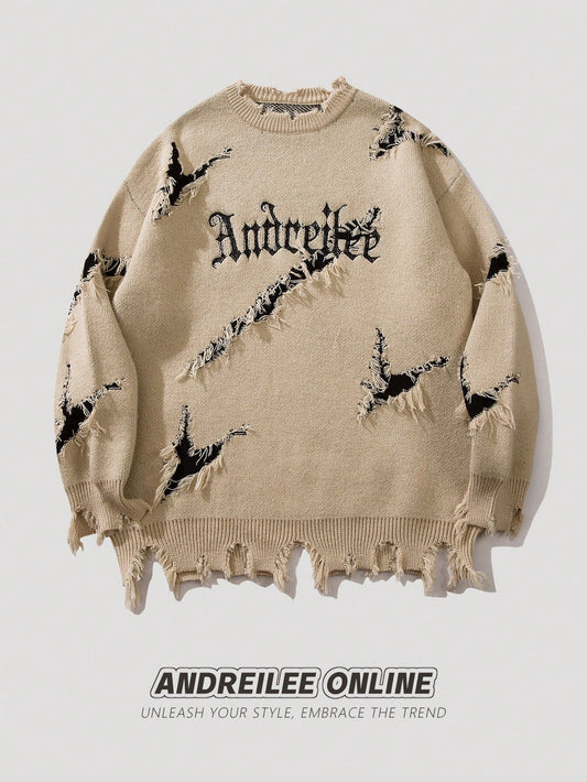 Men's Streetwear Alphabet Embroidery Scratch Ripped All-Match Sweater For Autumn And Winter