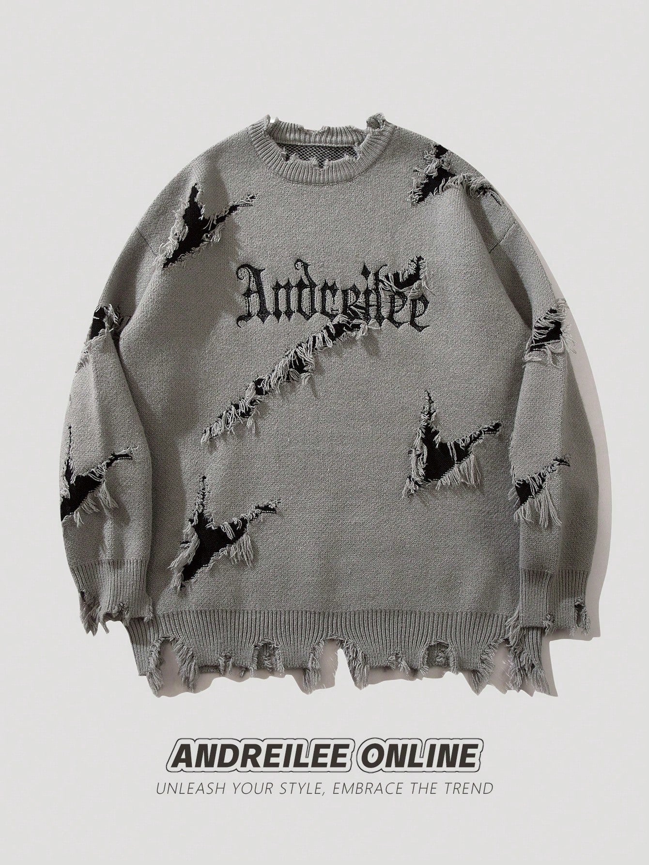 Men's Streetwear Loose Fit Sweater With Letter Embroidery, Scratches And Holes, Autumn And Winter