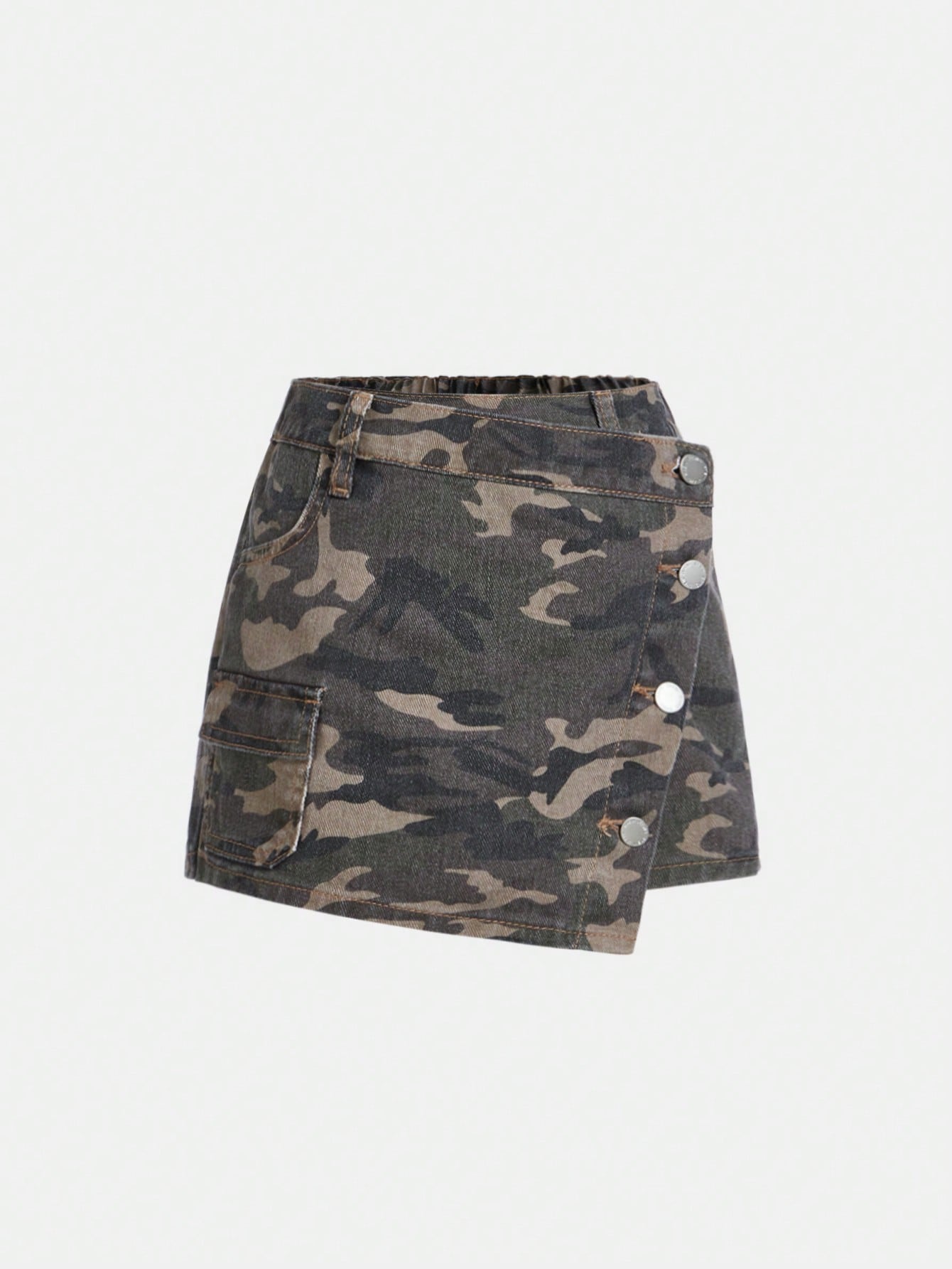 Tween Girls' Camouflage Pattern Denim Skort With Asymmetrical Hem