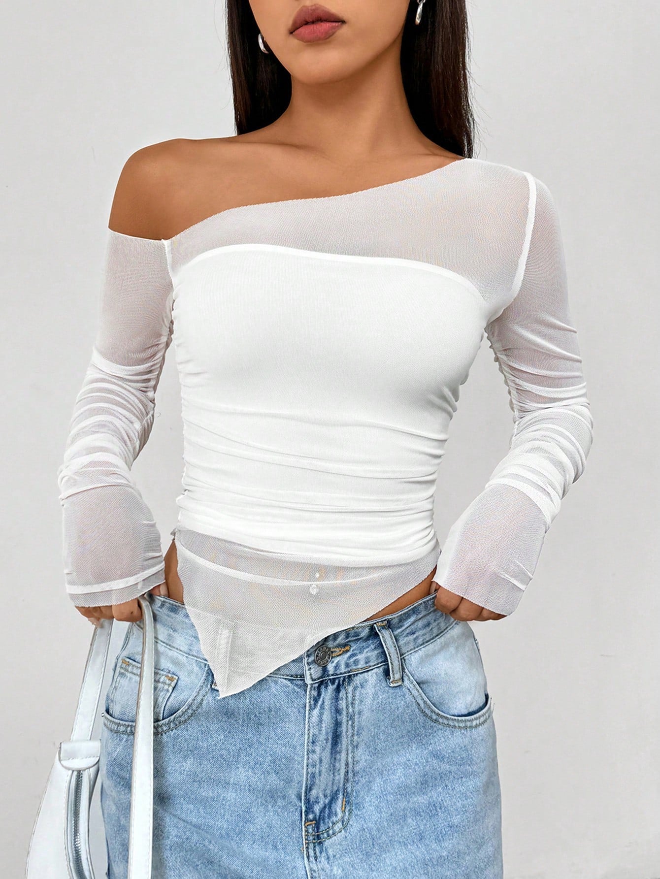 Women's Casual Mesh Splicing Asymmetrical Neckline T-Shirt