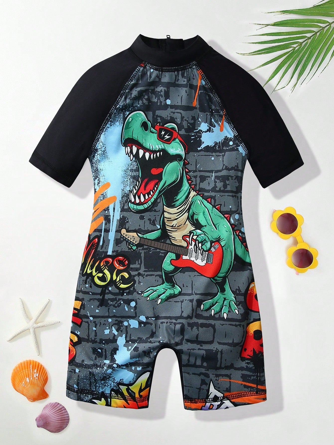 Young Boy Cute And Comfortable Cartoon Dinosaur Print Spliced Raglan Sleeve Zipper Back One Piece Swimwear With Inserted Shoulder Sleeves