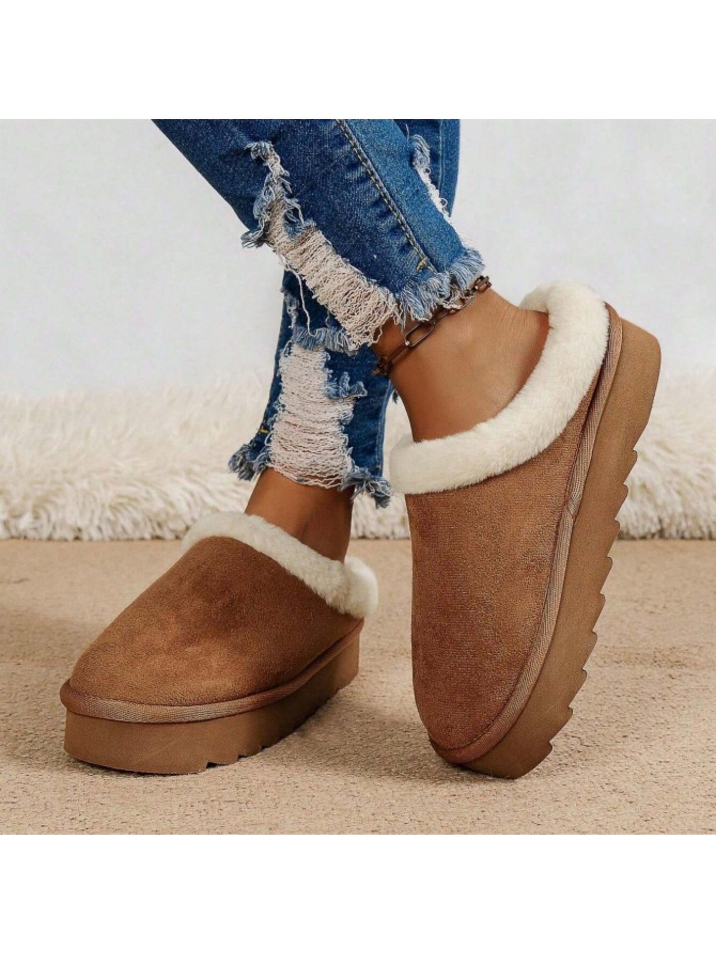 Women's Fuzzy Platform Slippers Warm Cozy Indoor Outdoor Faux Lined Clog Slippers