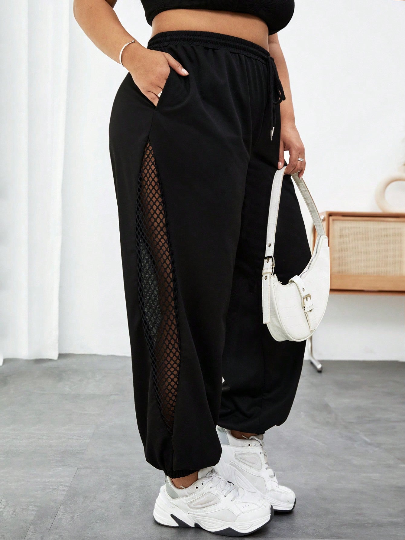 Plus Size Drawstring Waist Fishnet Patchwork Baggy Sweatpants