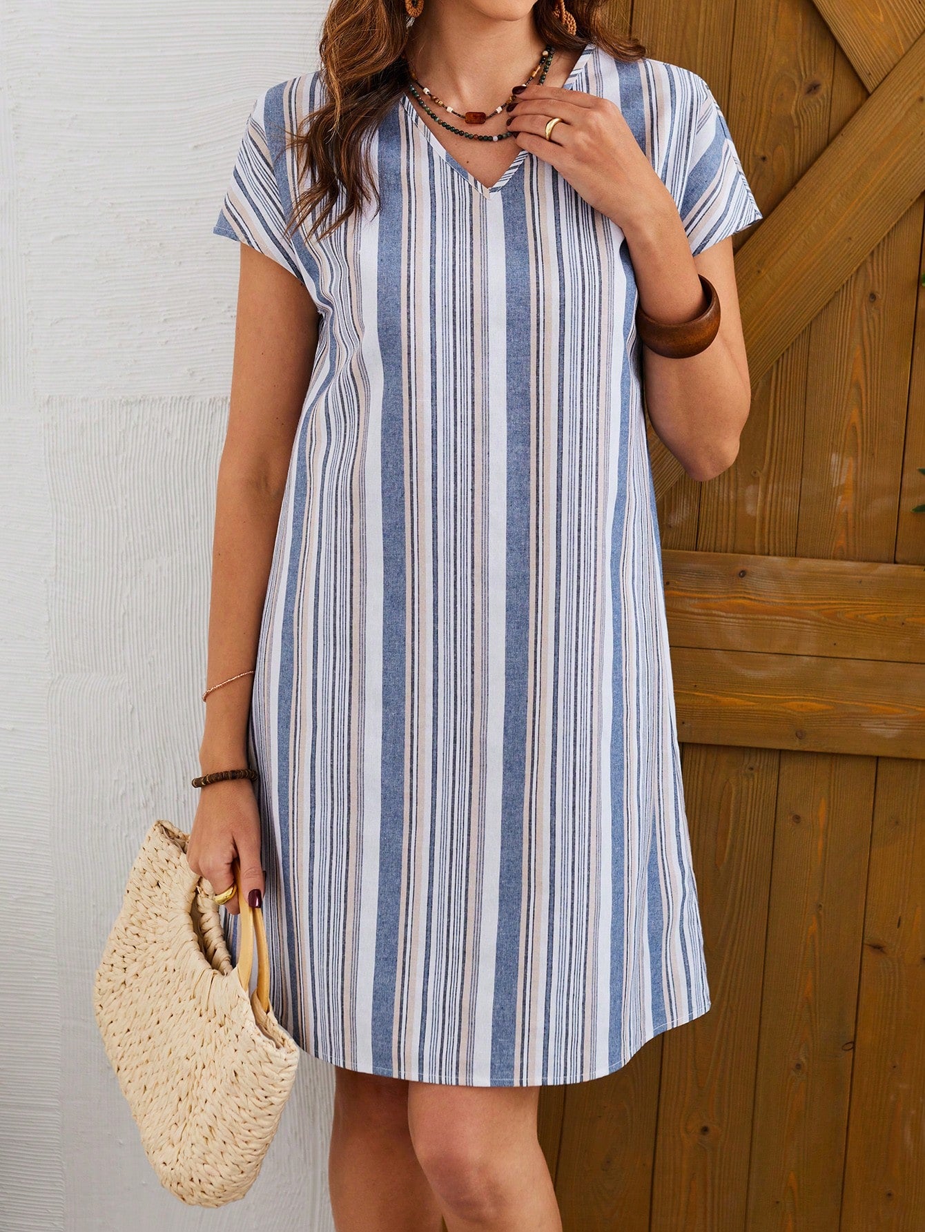 Women'S Striped V-Neck Loose Casual Dress