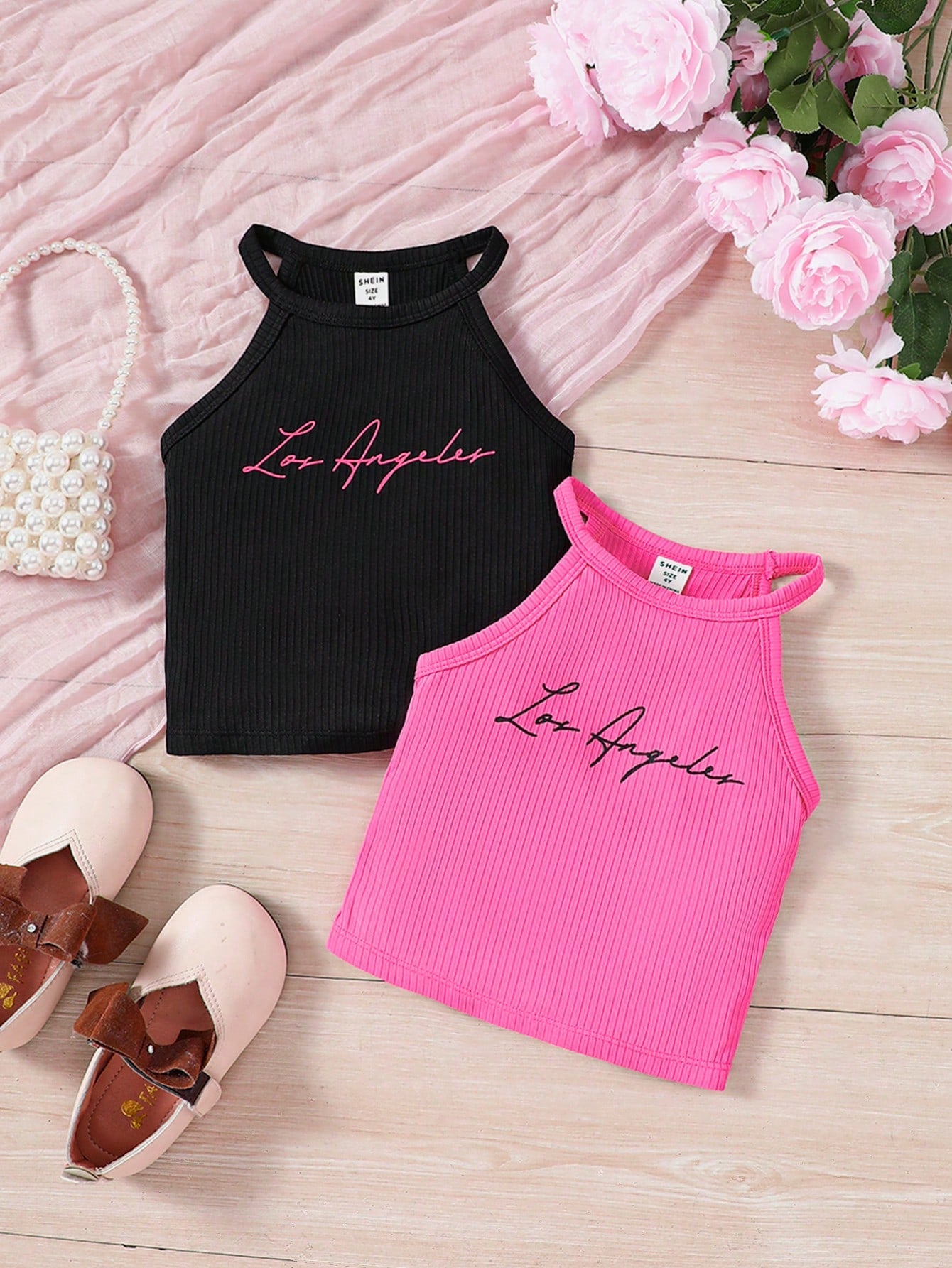 Young Girl'S 2pcs/Set Fashionable Halter Neck Top With Letter Pattern