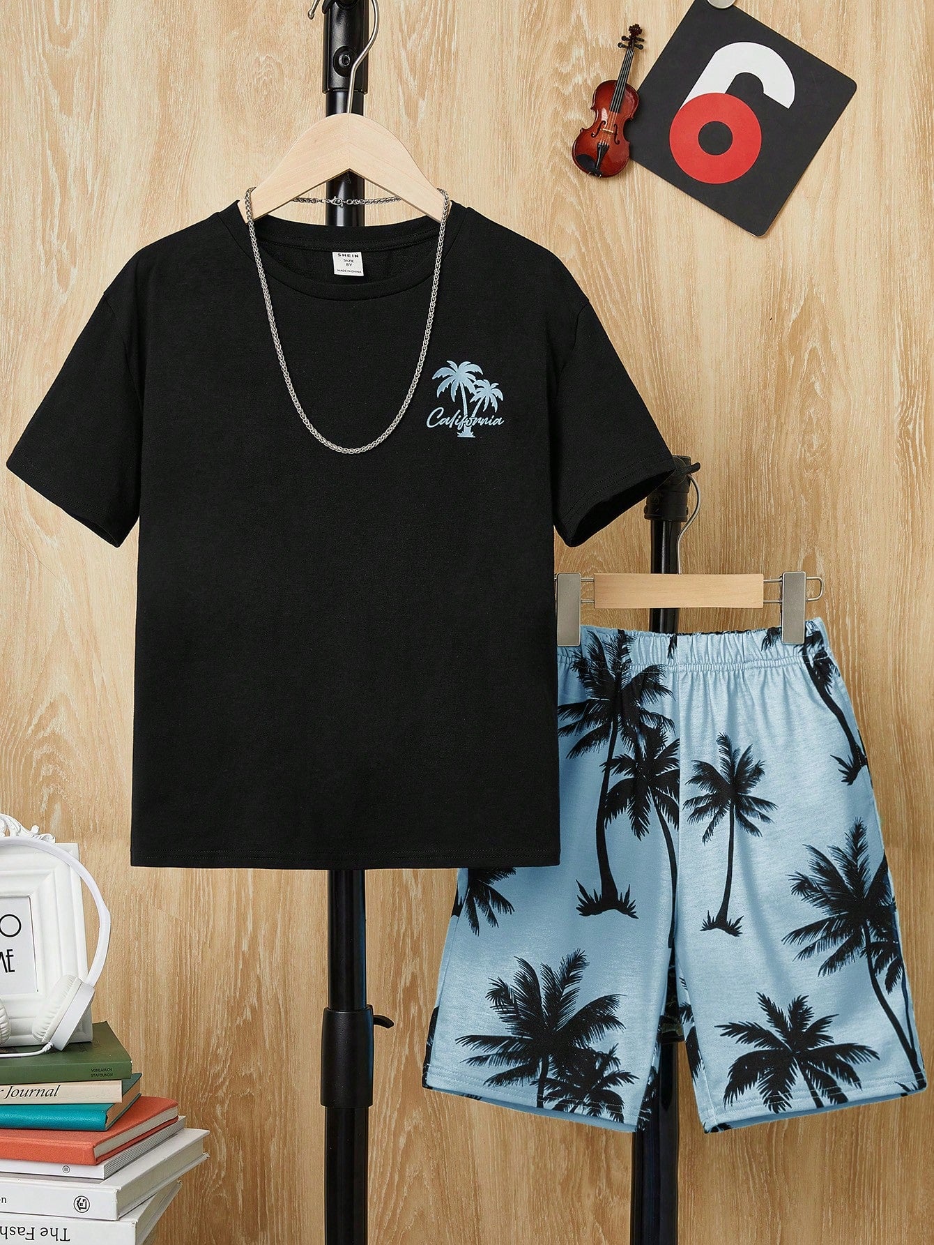 Tween Boys' Coconut Tree Printed Round Neck Short Sleeve T-Shirt And Knitted Shorts Set For Holiday