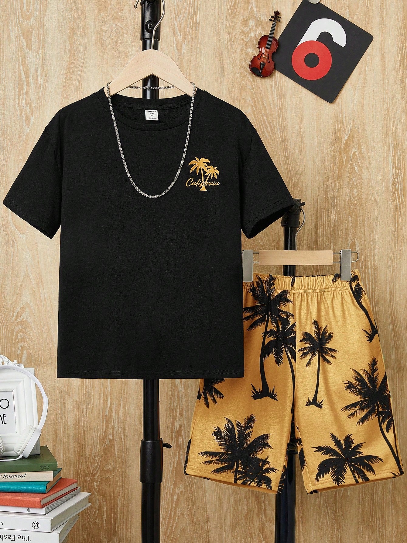 Tween Boys' Coconut Tree Printed Round Neck Short Sleeve T-Shirt And Knitted Shorts Set For Holiday