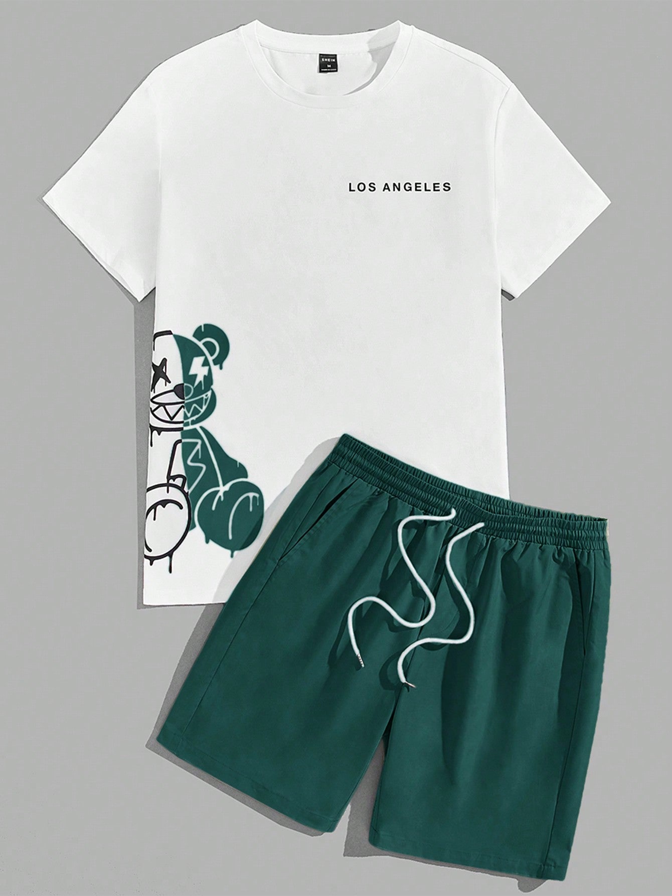 Men Bear & Letter Graphic Tee & Drawstring Waist Shorts