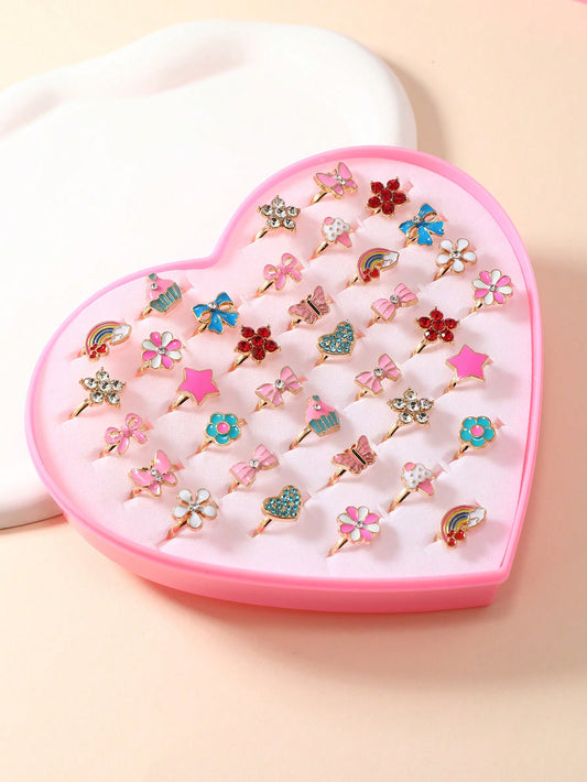 36pcs Lovely Heart Shaped Zinc Alloy Dripping Oil Gold Girl's Ring Set With Pink Heart Shaped Box(Random Style); Suitable For Party, Birthday Gift