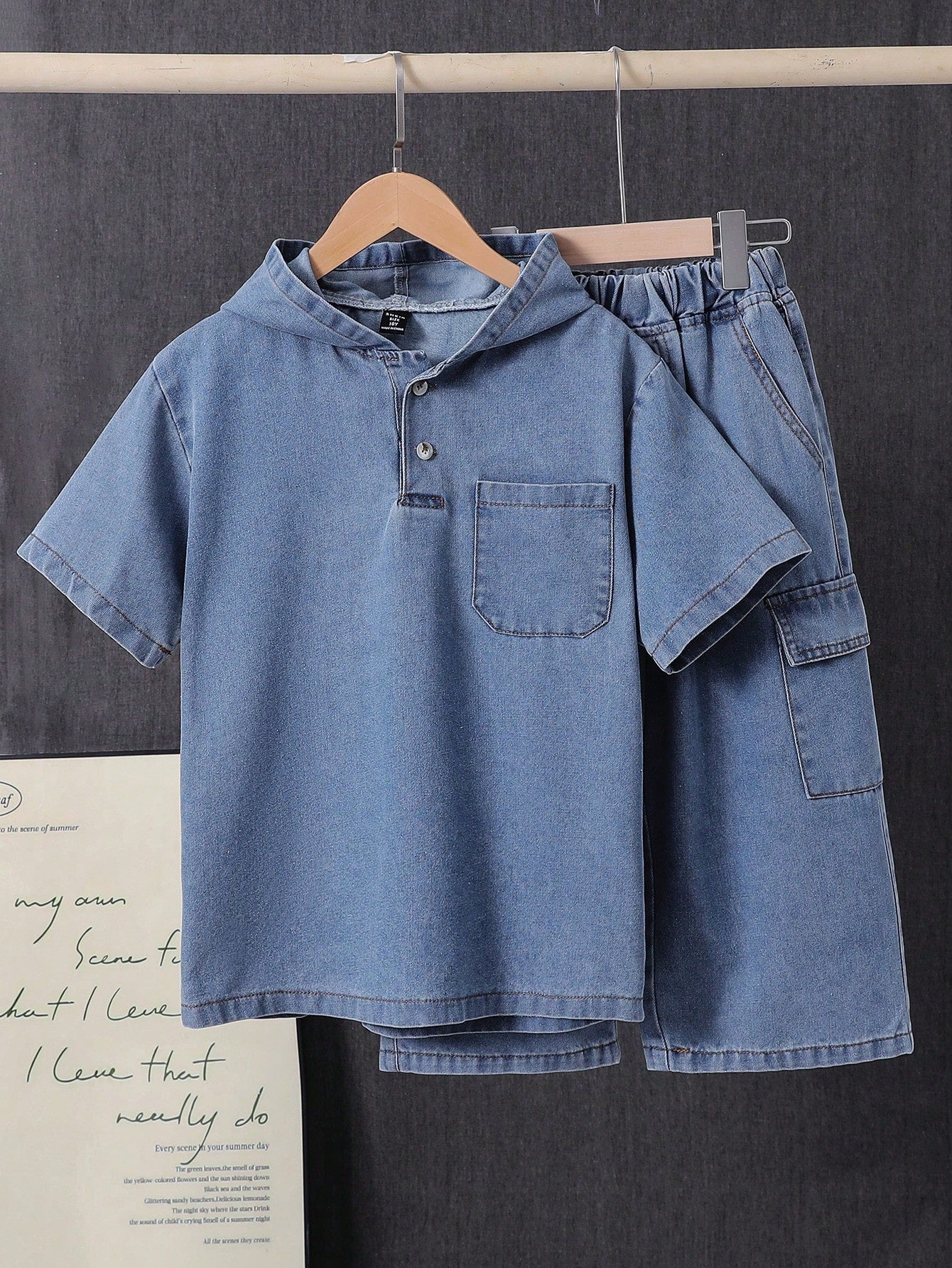 Tween Boy Solid Color Hooded Summer Casual Denim Short Sleeve Top And Shorts Set