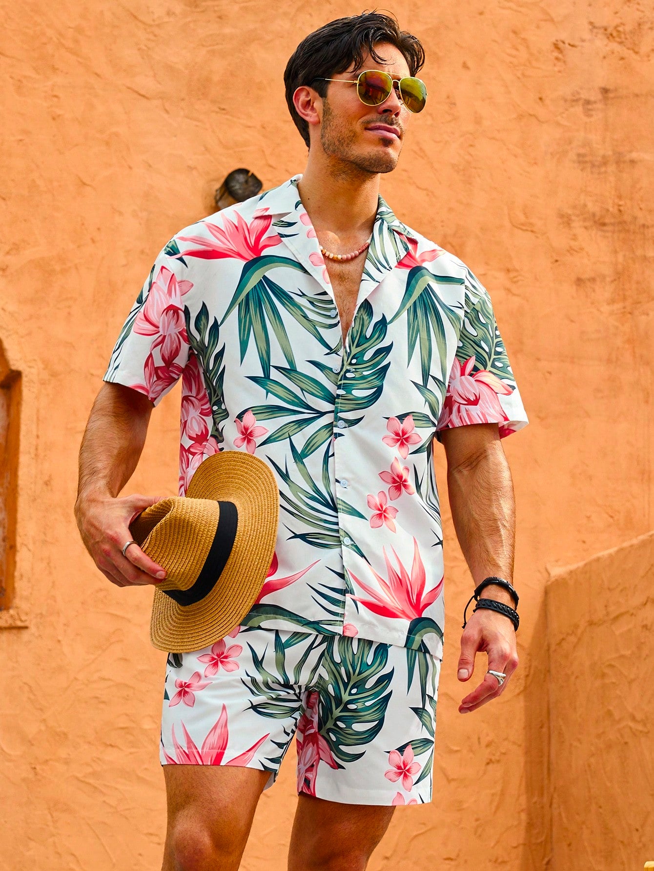 Men'S Tropical Plant Printed Short Sleeve Shirt And Shorts Beach Set