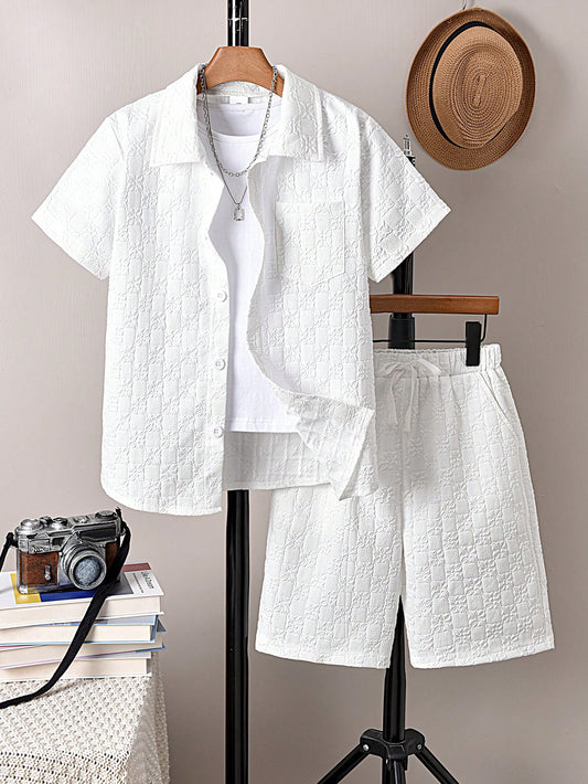 Tween Boy 3D Embossed Fabric Short Sleeve Shirt And Shorts Set , Casual & Vacation Outfits